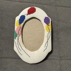 Vintage Needlepoint Balloon Photo Frame Hand Stitched 5.5x3.5"